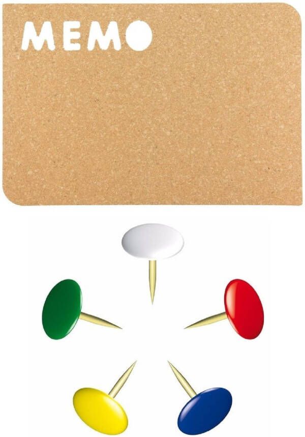 Securit Prikbord van kurk 41 x 28 cm incl. 126x stuks gekleurde punaises Prikborden