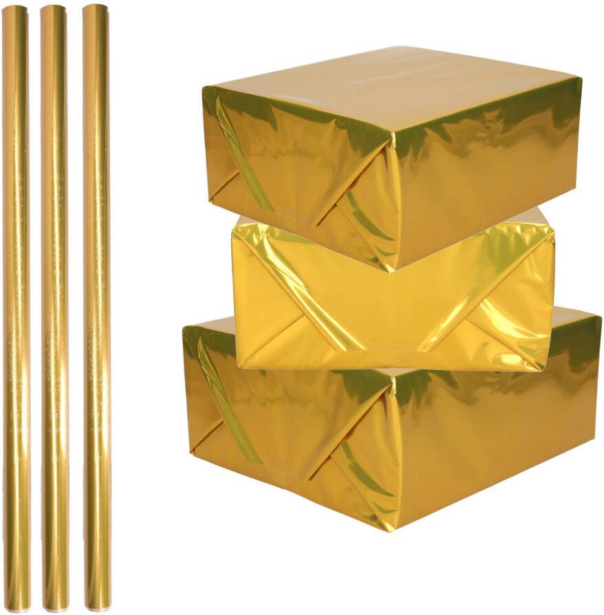Merkloos 3x Rollen inpakpapier cadeaufolie metallic goud 200 x 70 cm Kaftpapier