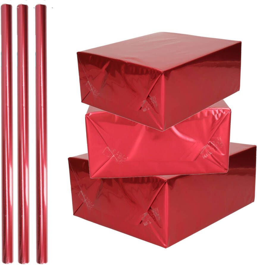 Merkloos 3x Rollen inpakpapier cadeaufolie metallic rood 200 x 70 cm Kaftpapier