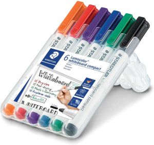 Staedtler whiteboardmarker Lumocolor Compact opstelbare box met 6 stuks in geassorteerde kleuren