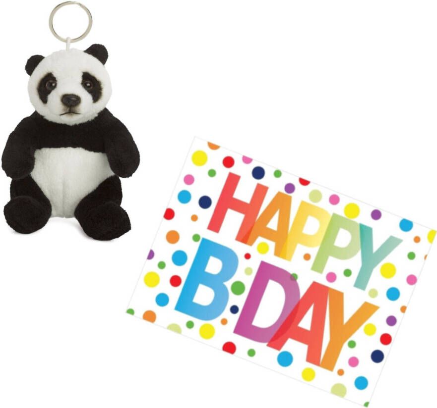 WNF Pluche knuffel panda beer sleutelhanger 10 cm met A5-size Happy Birthday wenskaart Knuffel sleutelhangers