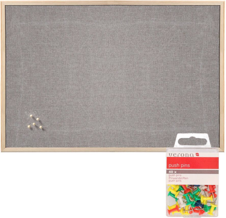 Zeller Prikbord incl. 40x punaises gekleurd 60 x 80 cm grijs textiel Prikborden
