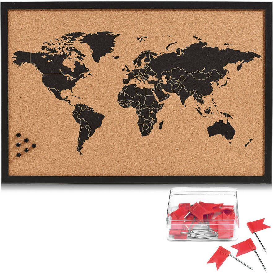 Zeller Prikbord wereldkaart met 20x punaise vlaggetjes 60 x 40 cm kurk Prikborden