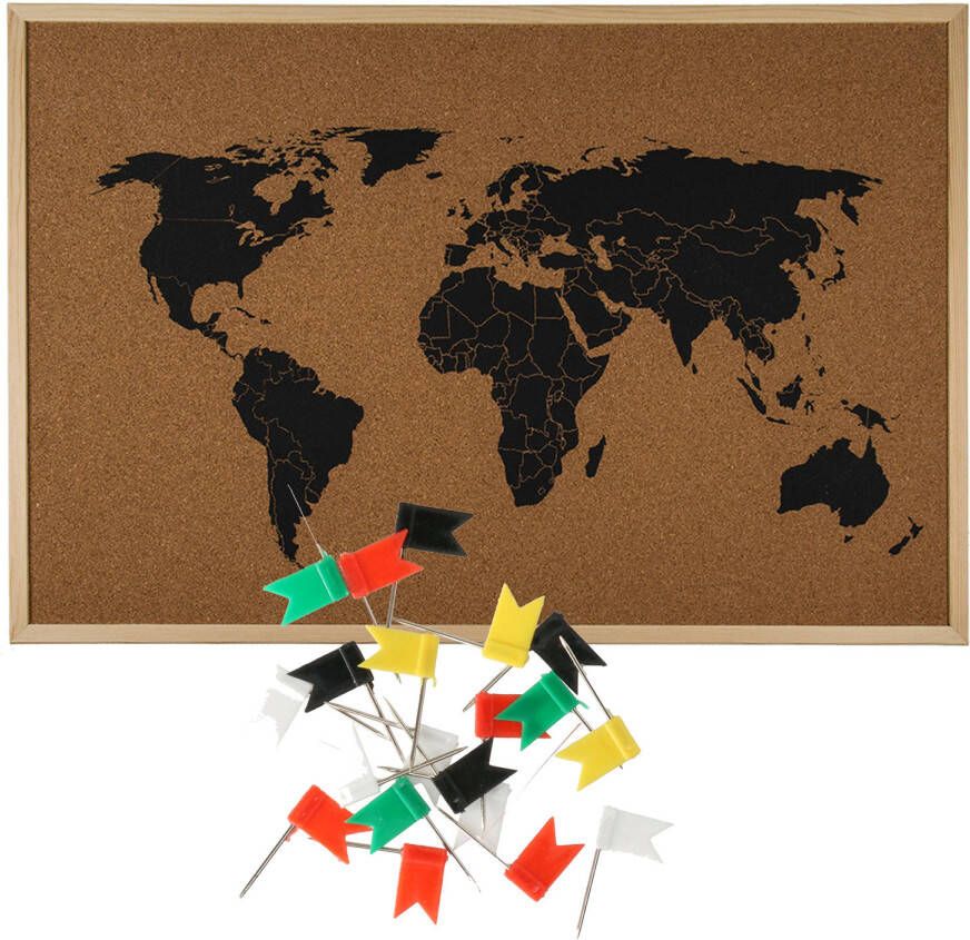 Out of the Blue Prikbord wereldkaart met 20x punaise vlaggetjes 60 x 40 cm kurk Prikborden