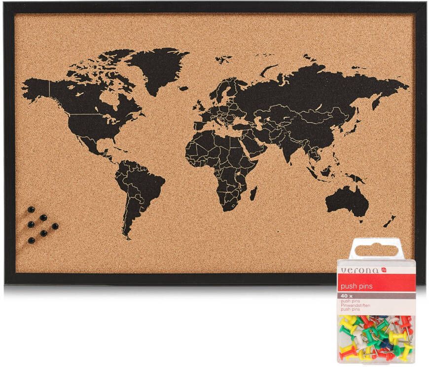 Zeller Prikbord wereldkaart met 40x punaises gekleurd 60 x 40 cm kurk Prikborden