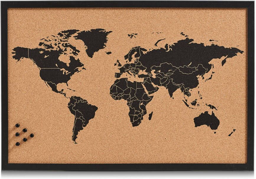 Zeller prikbord wereldkaart zwart 60 x 40 cm kurk hout Prikborden