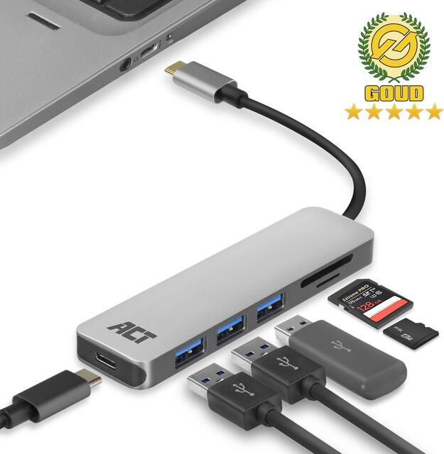 ACT AC7050 3-Poorts USB-C 3.2 Gen1 (USB 3.0) Hub met kaartlezer en PD Pass-Through poort (AC7050)