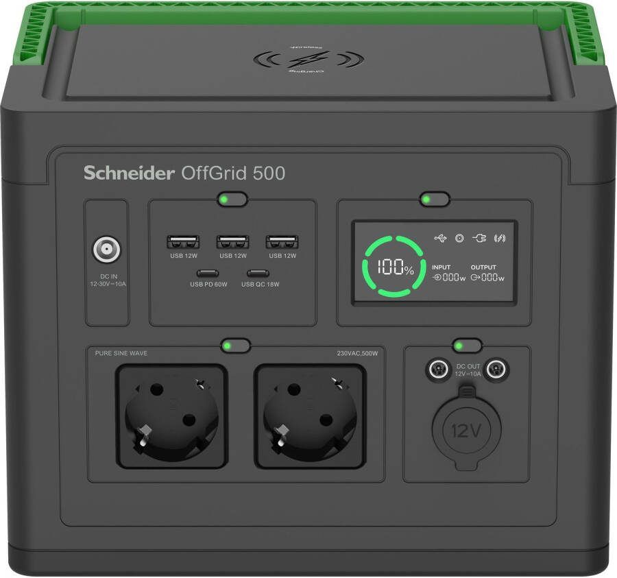 APC SE OffGrid Portable Power Station 500 Li-Ion accu LCD 2x stopcontact 3x USB-A 2x USB-C 3x 12V draadloze lader (PPS50