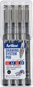 Artline Fineliner Drawing System etui van 4 stuks: 0 2 0 4 0 6 en 0 8 mm