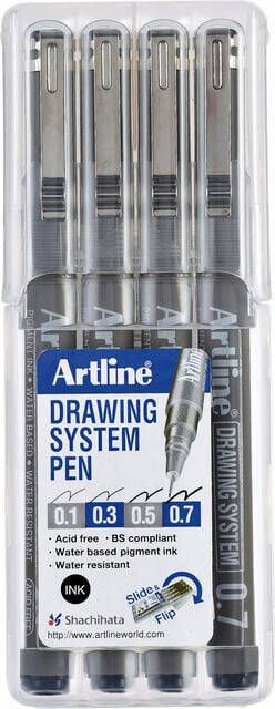 Artline Fineliner technisch etui met 0.1-0.3-0.5-0.7mm zwart