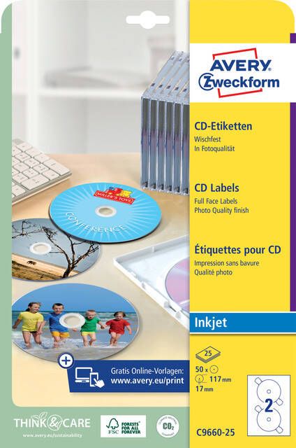 AVERY CD etiketten Ã 117 mm wit Inkjetprinter permanent klevend C9660-25 - Foto 2