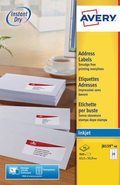 Avery Witte etiketten QuickDry doos van 40 blad ft 63 5 x 33 9 mm (b x h) 960 stuks 24 per blad