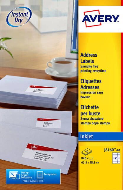 AVERY Adresetiketten 63 5 x 38 1 mm wit Inkjetprinter permanent klevend J8160-40