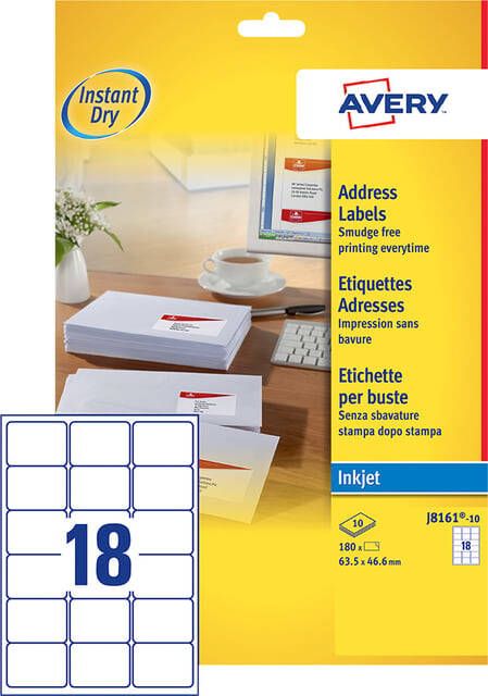 AVERY Adresetiketten 63 5 x 46 6 mm wit Inkjetprinter permanent klevend J8161-10