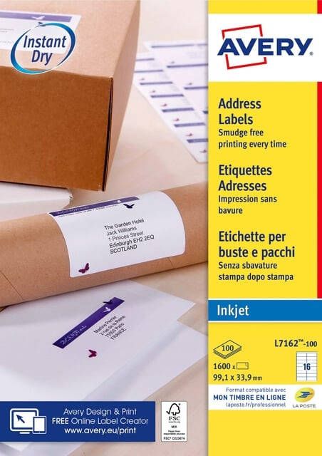 AVERY Adresetiketten 99 1 x 33 9 mm wit Inkjetprinter permanent klevend J8162-100