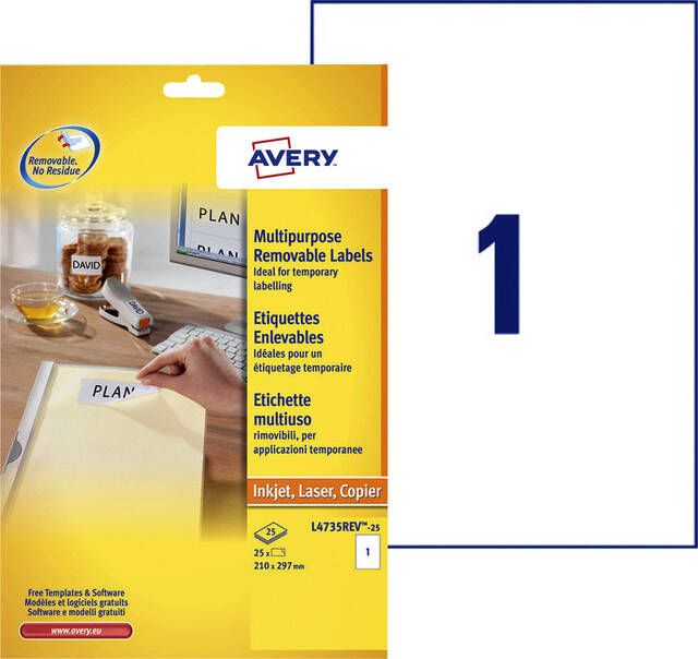 Avery Etiket L4735REV-25 210x297mm A4 afneembaar wit 25stuks