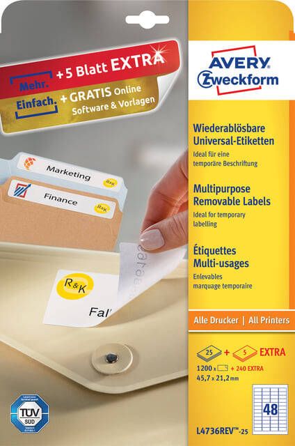 Avery Zweckform Avery afneembare witte etiketten Stick & Lift ft 45 7 x 21 mm (b x h) 1.200 stuks 48 per blad