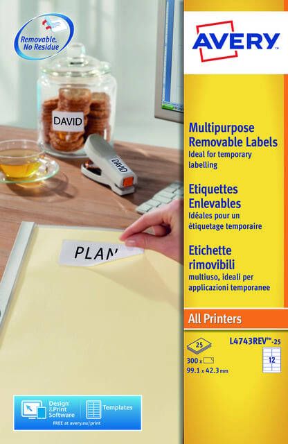 Avery Zweckform Avery L4743REV-25 afneembare etiketten ft 99 1 x 42 5 mm (b x h) 300 etiketten wit