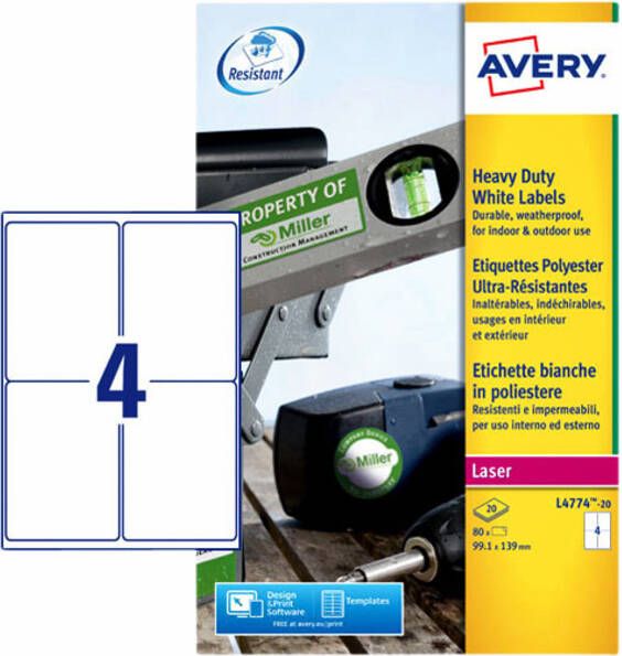Avery L4774-20 ultra-sterke etiketten ft 99 1 x 139 mm (b x h) 80 etiketten wit
