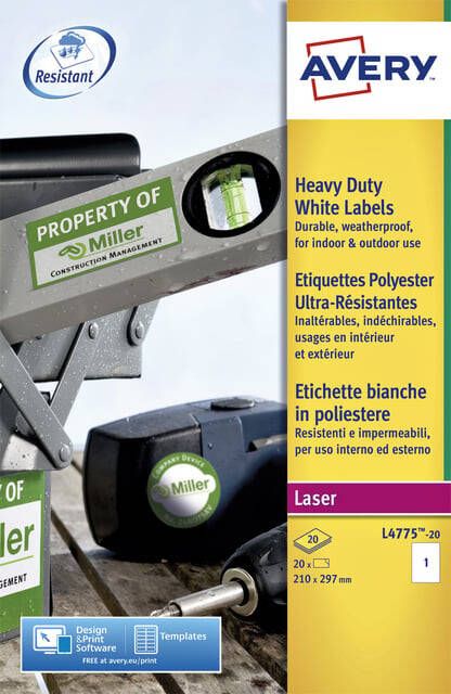Avery L4775-20 ultra-sterke etiketten ft 210 x 297 mm (b x h) 20 etiketten wit