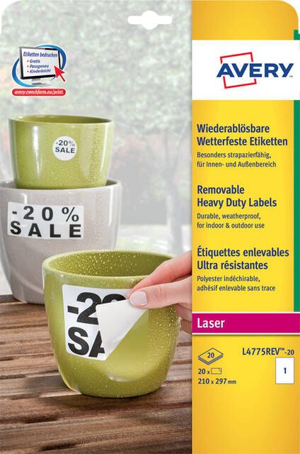 Avery afneembare weerbestendige etiketten ft 210 x 297 mm (b x h) wit doos van 20 etiketten