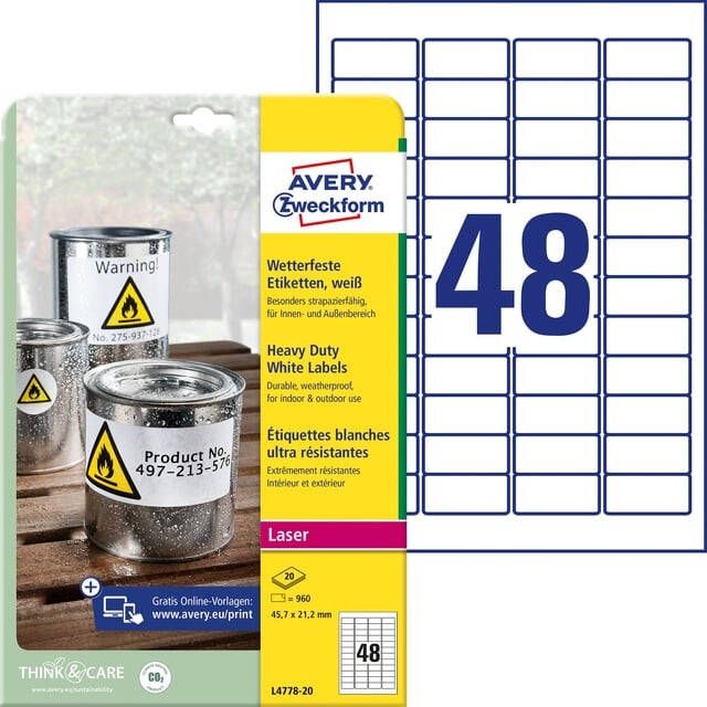 Avery L4778-20 ultra-sterke etiketten ft 45 7 x 21 2 mm (b x h) 960 etiketten wit