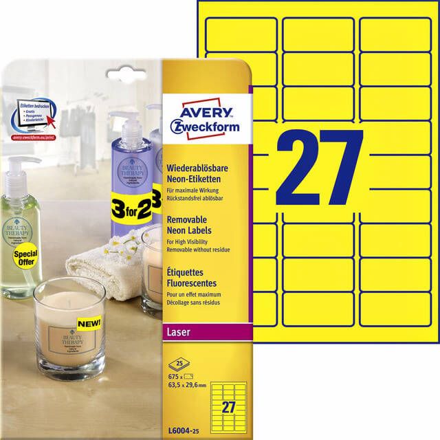 Avery afneembare neon etiketten ft 63 5 x 29 6 mm (b x h) doos van 675 stuks (25 vel van 27) neongeel