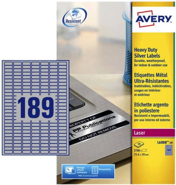 Avery Etiket L6008-20 25.4x10mm zilver 3780 etketten