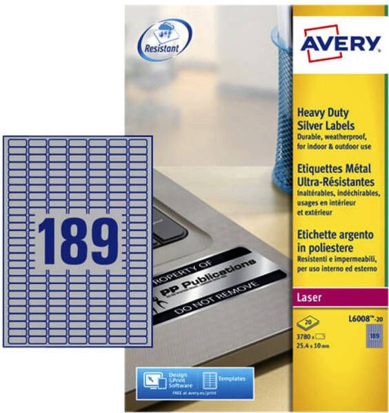 Avery Etiket L6008-20 25.4x10mm zilver 3780stuks
