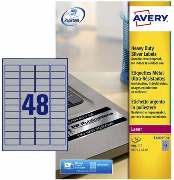 Avery Etiket L6009-20 45.7x21.2mm zilver 960 etiketten