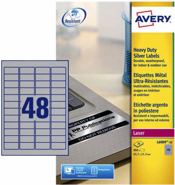 Avery Etiket L6009-20 45.7x21.2mm zilver 960stuks