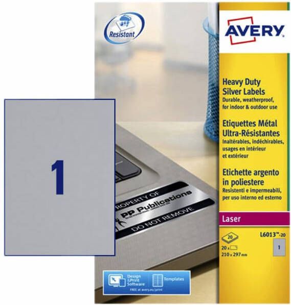 Avery Etiket L6013-20 210x297mm zilver 20 etiketten