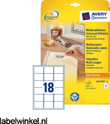 Avery Zweckform Etiket Avery L6025REV-25 63.5x46.6mm afneembaar wit 450stuks