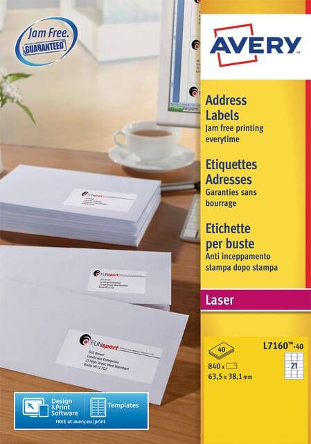 Avery L7160 Adresetiketten Laser Ultragrip wit 40 vellen 21 per vel 63 5 x 38 1 mm