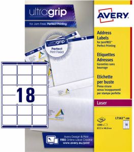 Avery L7161 Adresetiketten Laser Ultragrip wit 100 vellen 18 per vel 63 5 x 46 6 mm