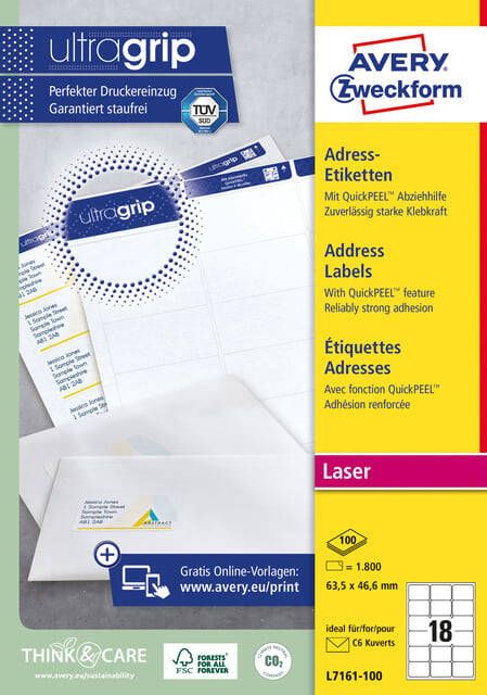 Avery L7161 Adresetiketten Laser Ultragrip wit 100 vellen 18 per vel 63 5 x 46 6 mm