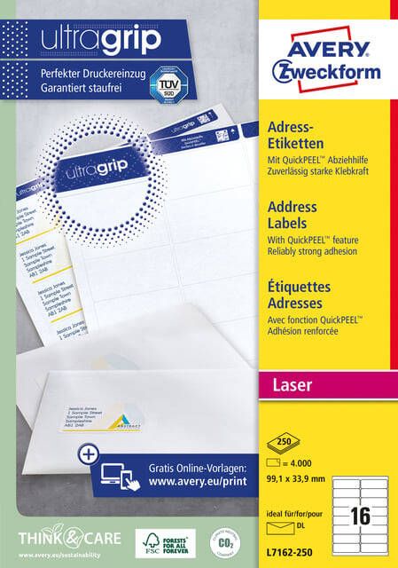 AVERY L7162 Adresetiketten Laser Ultragrip wit 250 vellen 16 per vel 99 1 x 33 9 mm