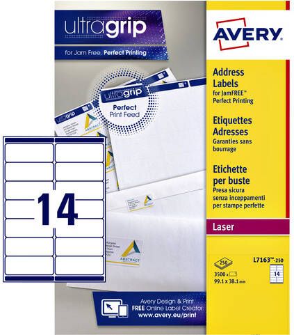 Avery L7163 Adresetiketten Laser Ultragrip wit 250 vellen 14 per vel 99 1 x 38 1 mm