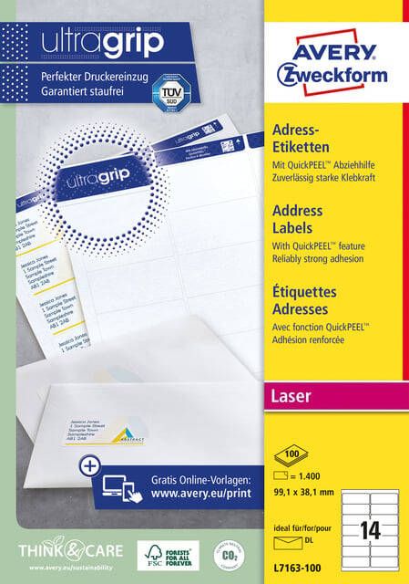 Avery L7163 Adresetiketten Laser Ultragrip wit 100 vellen 14 per vel 99 1 x 38 1 mm