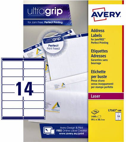 Avery L7163 Adresetiketten Laser Ultragrip wit 100 vellen 14 per vel 99 1 x 38 1 mm