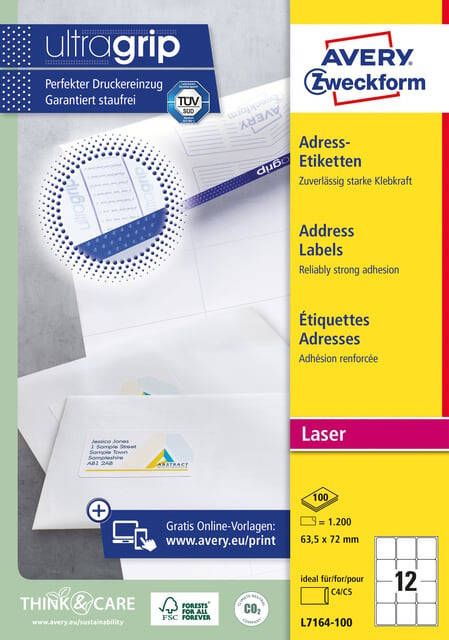 AVERY Adresetiketten 63 5 x 72 mm wit Laserprinter permanent klevend L7164-100