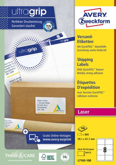 Avery L7165 Verzendetiketten Laser Ultragrip wit 100 vellen 8 per vel 99 1 x 67 7 mm