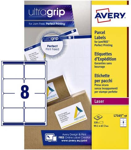 Avery L7165 Verzendetiketten Laser Ultragrip wit 40 vellen 8 per vel 99 1 x 67 7 mm