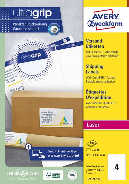 Avery L7169 Verzendetiketten Laser Ultragrip wit 100 vellen 4 per vel 99 1 x 139 mm