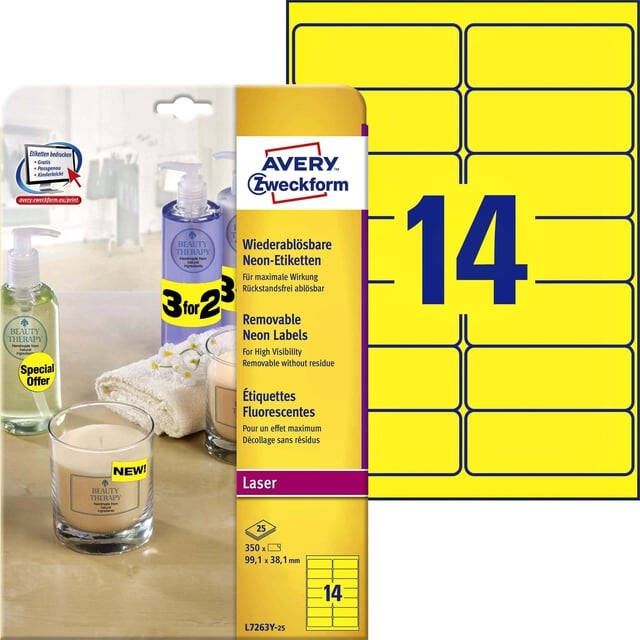 AVERY afneembare neon etiketten ft 99 1 x 38 1 mm (b x h) doos van 100 blad 1400 stuks neongeel