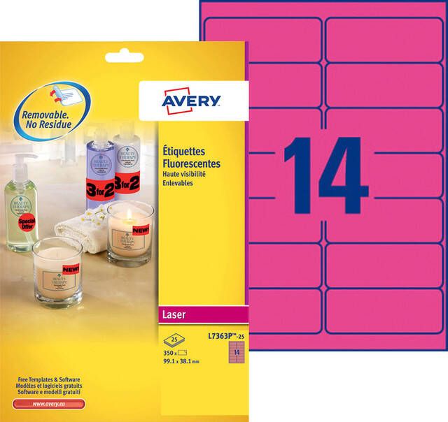 Avery Etiket L7363P-25 99.1x38.1mm neon roze 340stuks