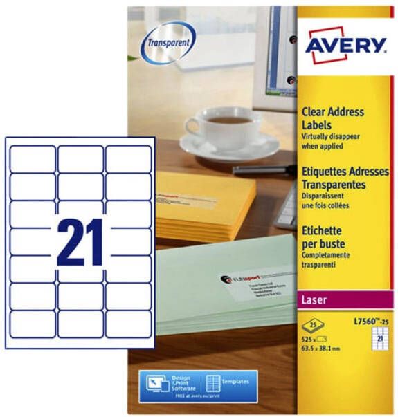 AVERY Adresetiketten 63 5 x 38 1 mm transparant Laserprinter permanent klevend L7560-25