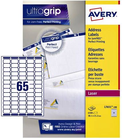 Avery L7651 Verzendetiketten Laser Ultragrip wit 100 vellen 65 per vel 38 1 x 21 2 mm