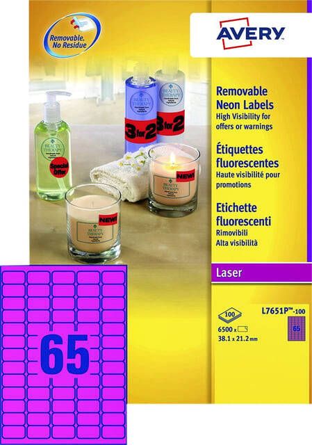 AVERY afneembare neon etiketten ft 38 1 x 21 2 mm (b x h) doos van 100 blad 6500 stuks neonroze