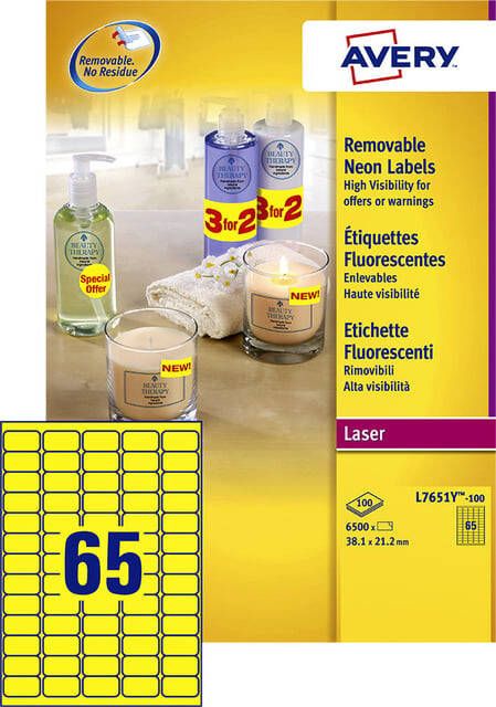 Avery Etiket L7651Y-100 38.1x21.2mm neon geel 6500 etiketten